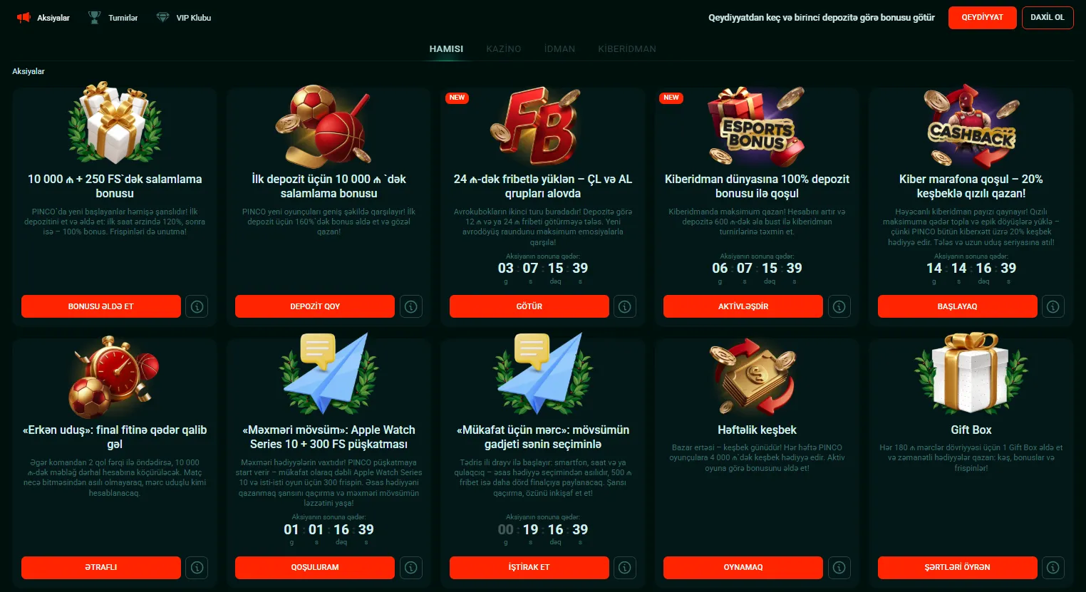 Pinco cəlbedici bonuslar və promosyon kampaniyaları: sərfəli təkliflər Pinco cəlbedici bonuslar və promosyon kampaniyaları