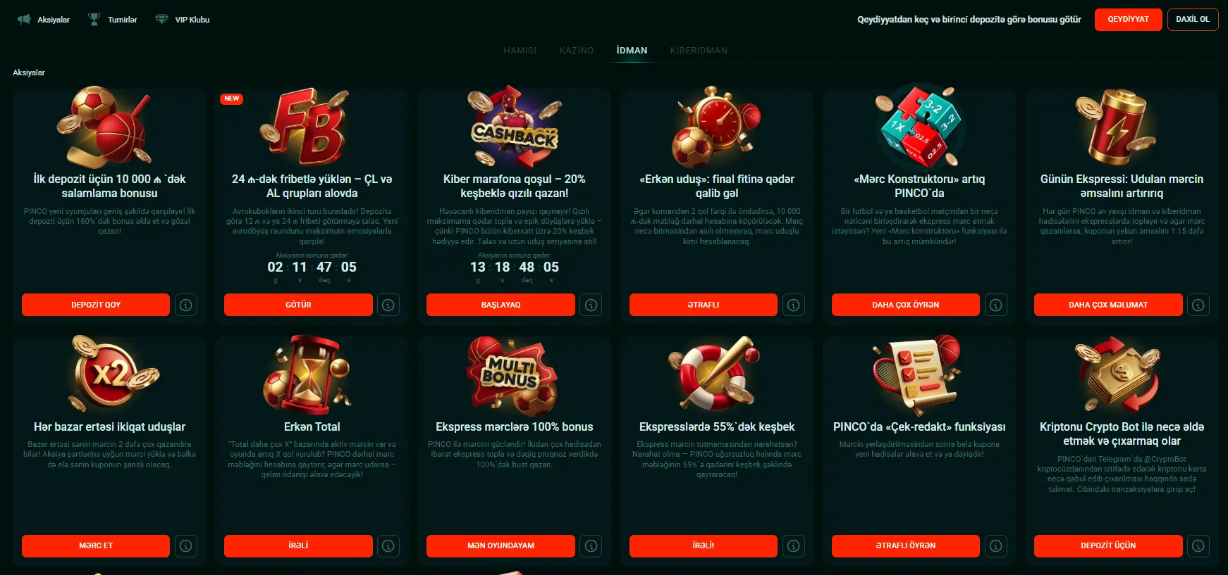 Pinco idman və kiberidman bonusları: promosyonlar və fürsətlər Pinco idman və kiberidman bonusları